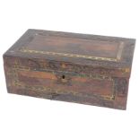A 19thC rosewood and brass inlaid writing box, 39.5cm wide. (AF)