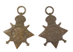 Two WWI 1914-15 stars, named to Pte H. Clark, East Yorkshire Regiment, number 3-6422, the other