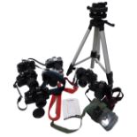 Assorted cameras, including Ricoh, Crena, Centon, and Minolta, together with a tripod. (9)