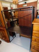 A pair of metal framed desks, each with a wood veneer top, 75cm high, 100cm wide, 52cm deep.