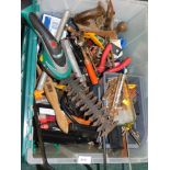 A quantity of tools, including a Bosch ASB10/8LI handheld hedge strimmer, together with various hand