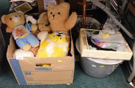 A quantity of soft toys, teddy bears, together with a large lidded aluminium cooking pot, and a mini