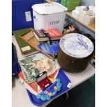 Postcards, framed prints, enamel bread bin and cover, a beaten copper pot, handpainted Italian