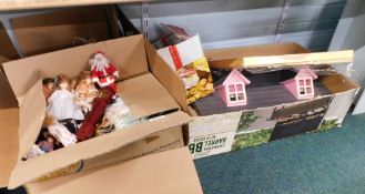 A disassembled wooden doll's house, together with a large quantity of furniture and dolls, etc. (5