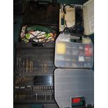 A Bosch PSE 180 electric saw, together with Bosch UBHT/20SE drill and masonry bits, various drill