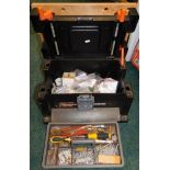 A Black and Decker WorkMate workbox, WM450, containing nails, wood screws, screwdrivers, pliers,