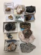 Collection of geological specimens from Devon and Cornwall, Ceruleite, & Ovlivenite, Bournonite,