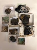 Geological specimens from Cornwall, Cassiterite, Cerussite, Kidwellite, Tourmaline in Quartz,