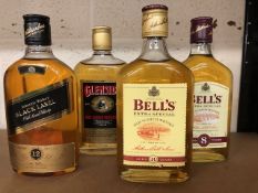 Scotch Whiskey, 35cl bottle of Black Label, 37.5 bottle of Glenside, two 35cl bottles of Bells