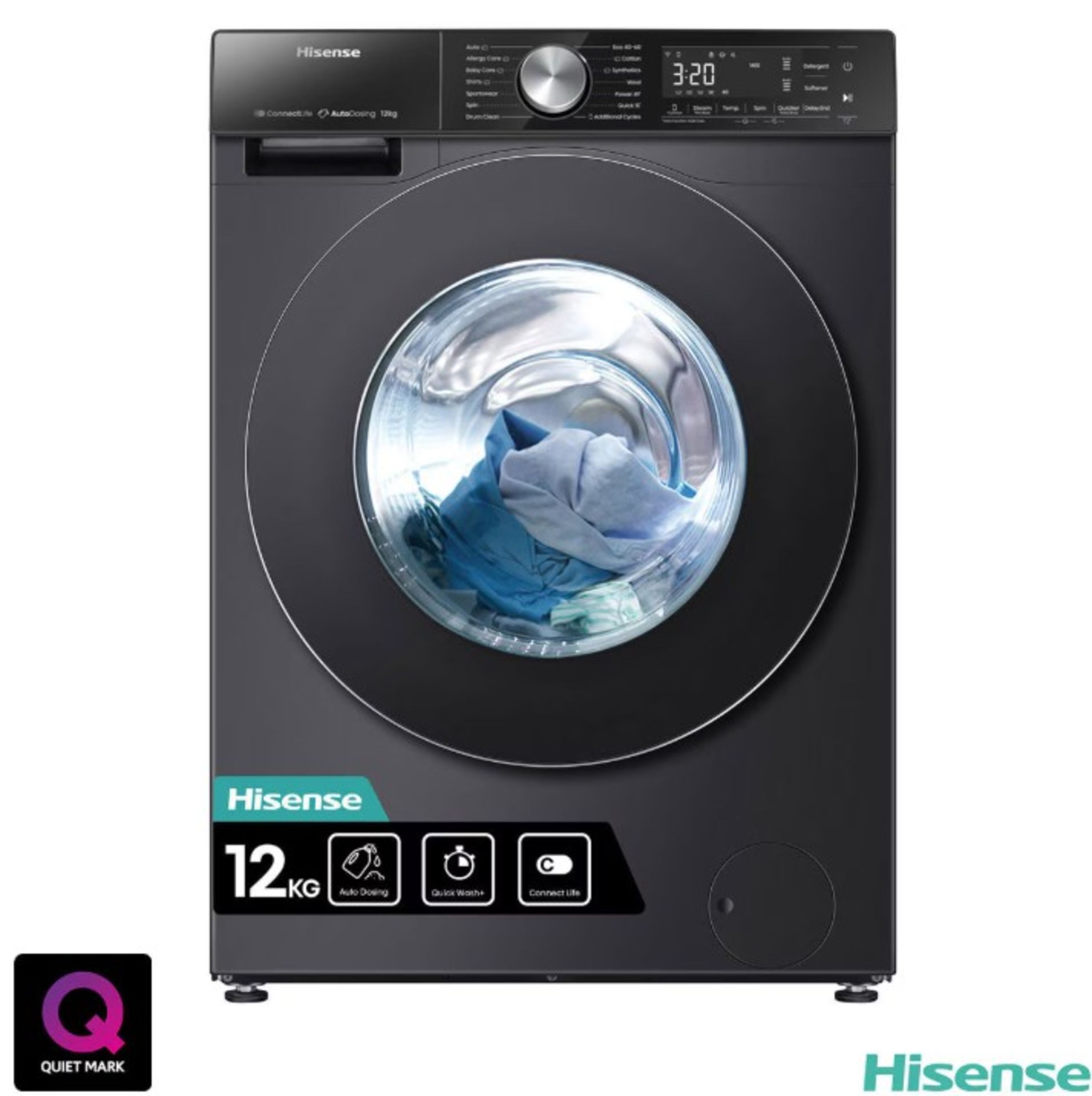 1 HISENSE WF5S1245BB, 12KG, 1400RPM, WASHING MACHINE A RATING IN BLACK RRP Â£499 (POWERS ON,