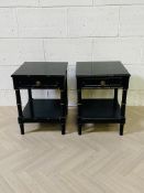 A stylish pair of Regency style black lacquered with gilt decoration end tables