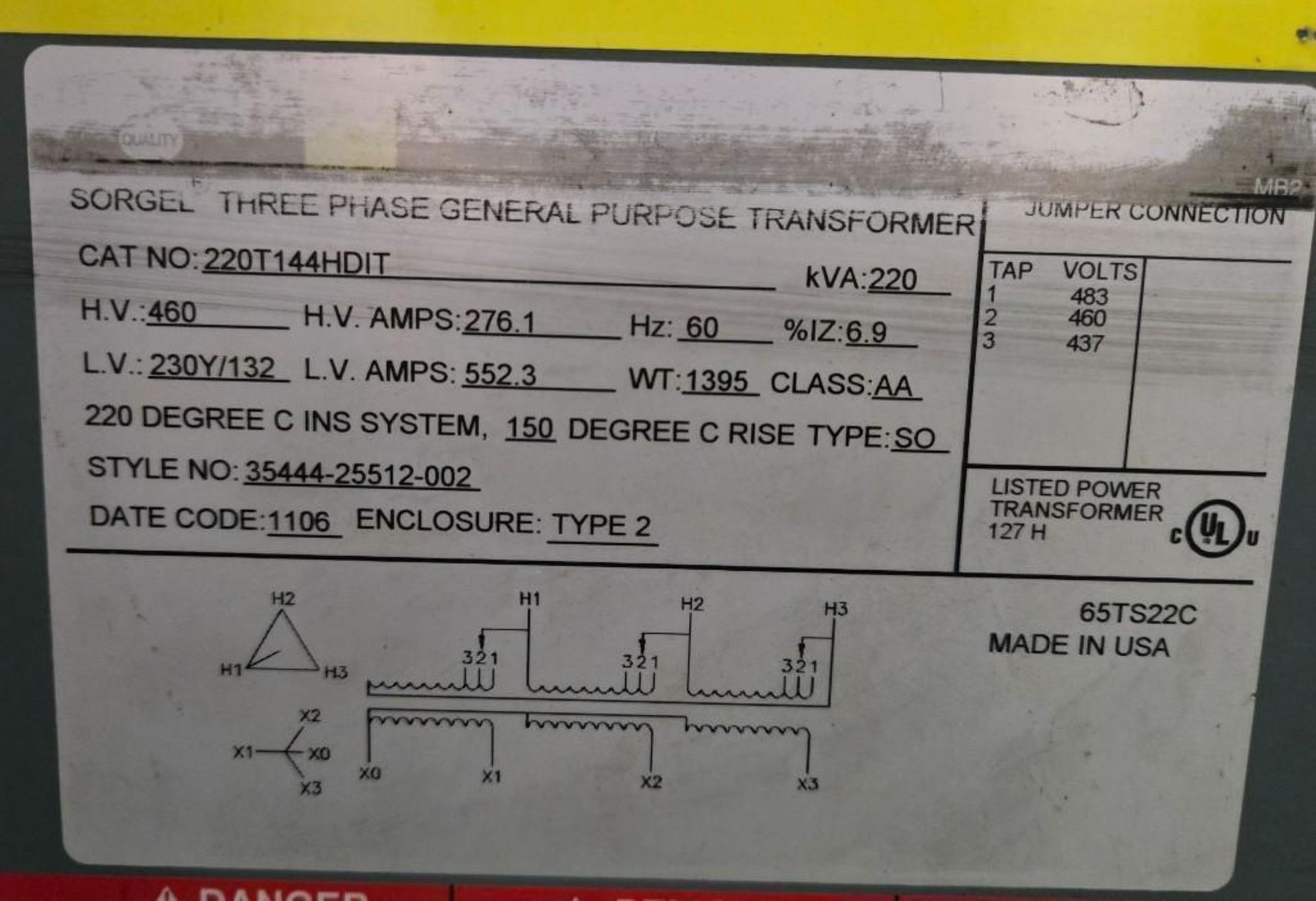 SQUARE D 220T144HDIT 460V 220KVA TRANSFORMER WITH DISCONNECT USED - Image 6 of 7