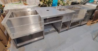 1 x Stainless Steel 3m Backbar Prep Unit Featuring Ice Wells, Speed Rails, Handwash Bain, Prep Areas