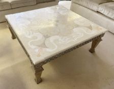 1 x Exquisite Marble Topped Coffee Table Featuring a Medallion Inlay Design and Ornate Wooden Base