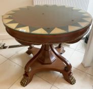 1 x Empire-style Round Glass Topped Wooden Table with Parquetry Inlay  - Ref: AAS143 / HWAY - CL1049
