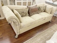 1 x Large Silk Upholstered Sofa with Embroidered Floral Motifs and Claw Feet - Over 2.6-Metres