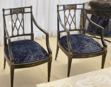 Pair Of Regency-Style Chinoiserie Decorated Wooden Armchairs with Blue Velvet Upholstered Seats