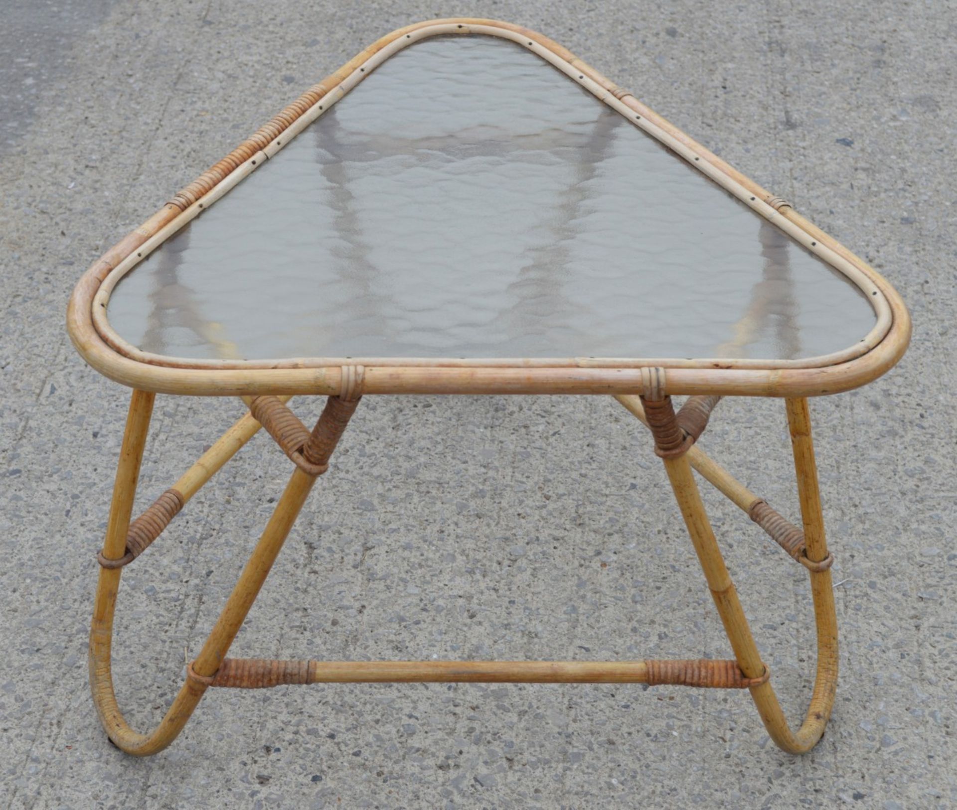 1 x Small Triamgular Rattan Conservatory Side Table with Glass Top - Dimensions: H43 x W54 x D69 cms