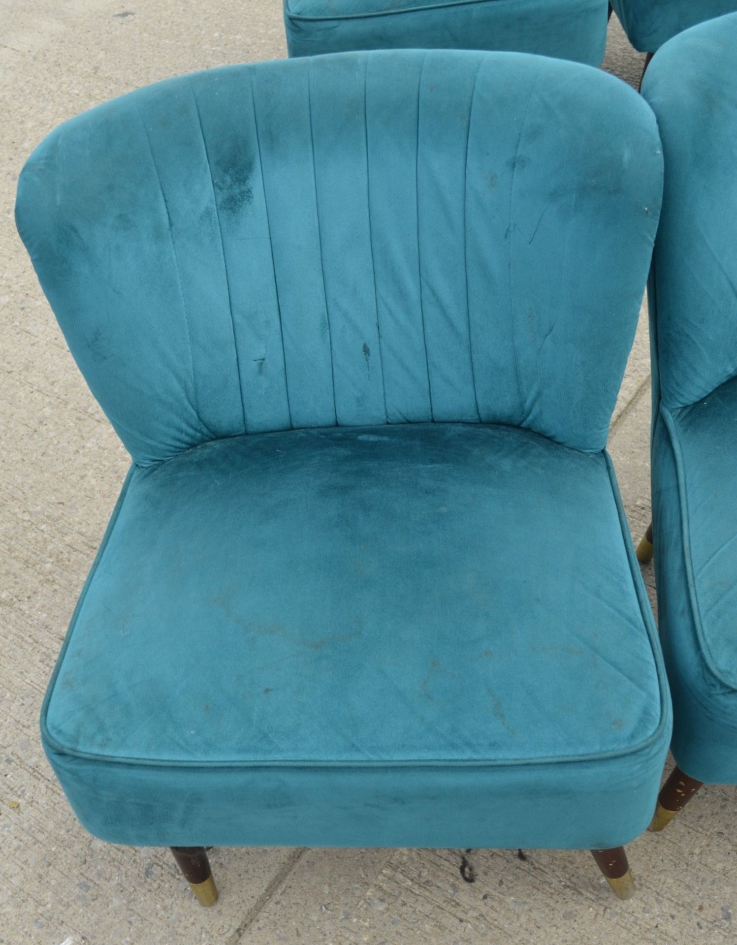 3 x Contemporary Velvet Cocktail Chairs in Teal with Tapered Wooden Legs and Brass Feet - Image 3 of 7