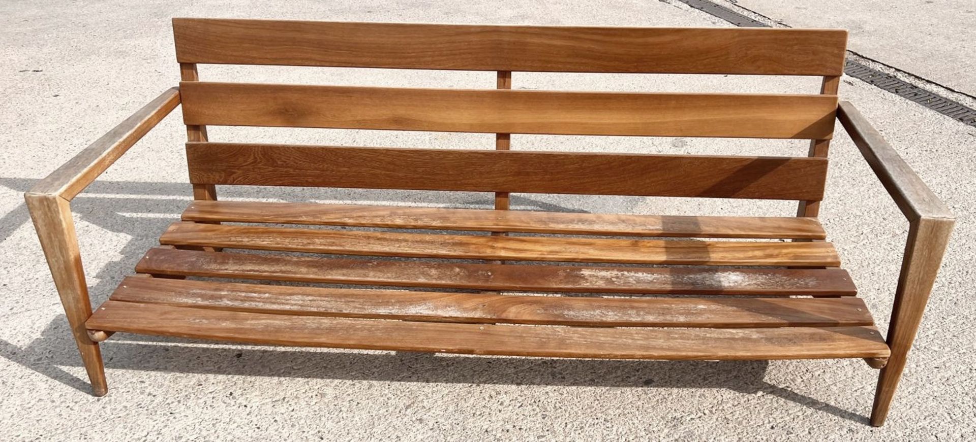 1 x Vintage Mid-Century Low Profile 2-Metre Long Commercial Wooden Conservatory Lounge Sofa - Image 5 of 13