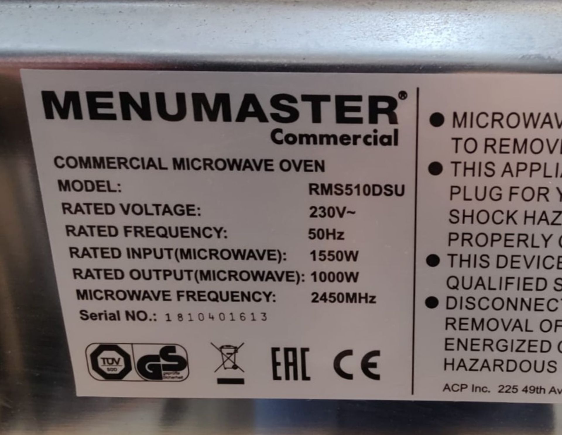 1 x MenuMaster Commercial 1000w Microwave Oven - Model: RMS510DSU - Image 7 of 8