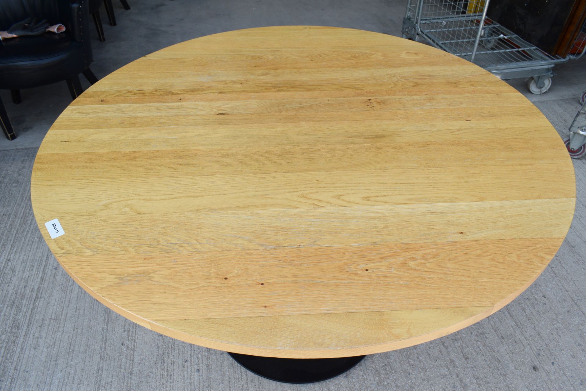 1 x Solid Oak Restaurant Dining Table with a Black Pedestal Base - Dimensions: H74 x W120 x D120 cms - Image 5 of 6