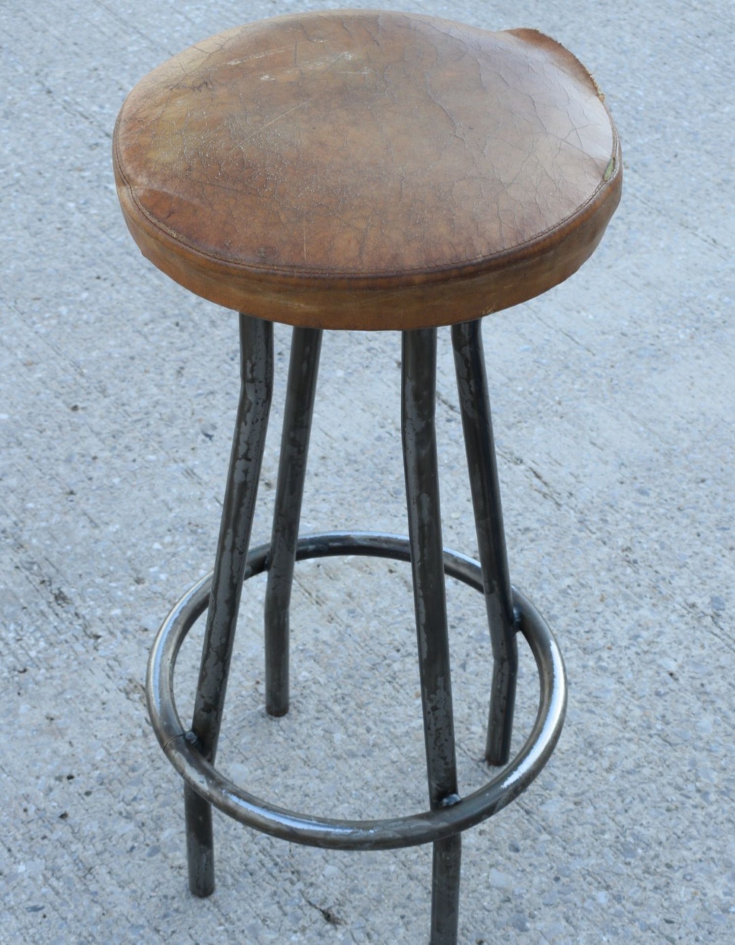 4 x Vintage Industrial Style Bar Stools with Steel Bases, Footrests and Tan Leather Seats - Image 3 of 12