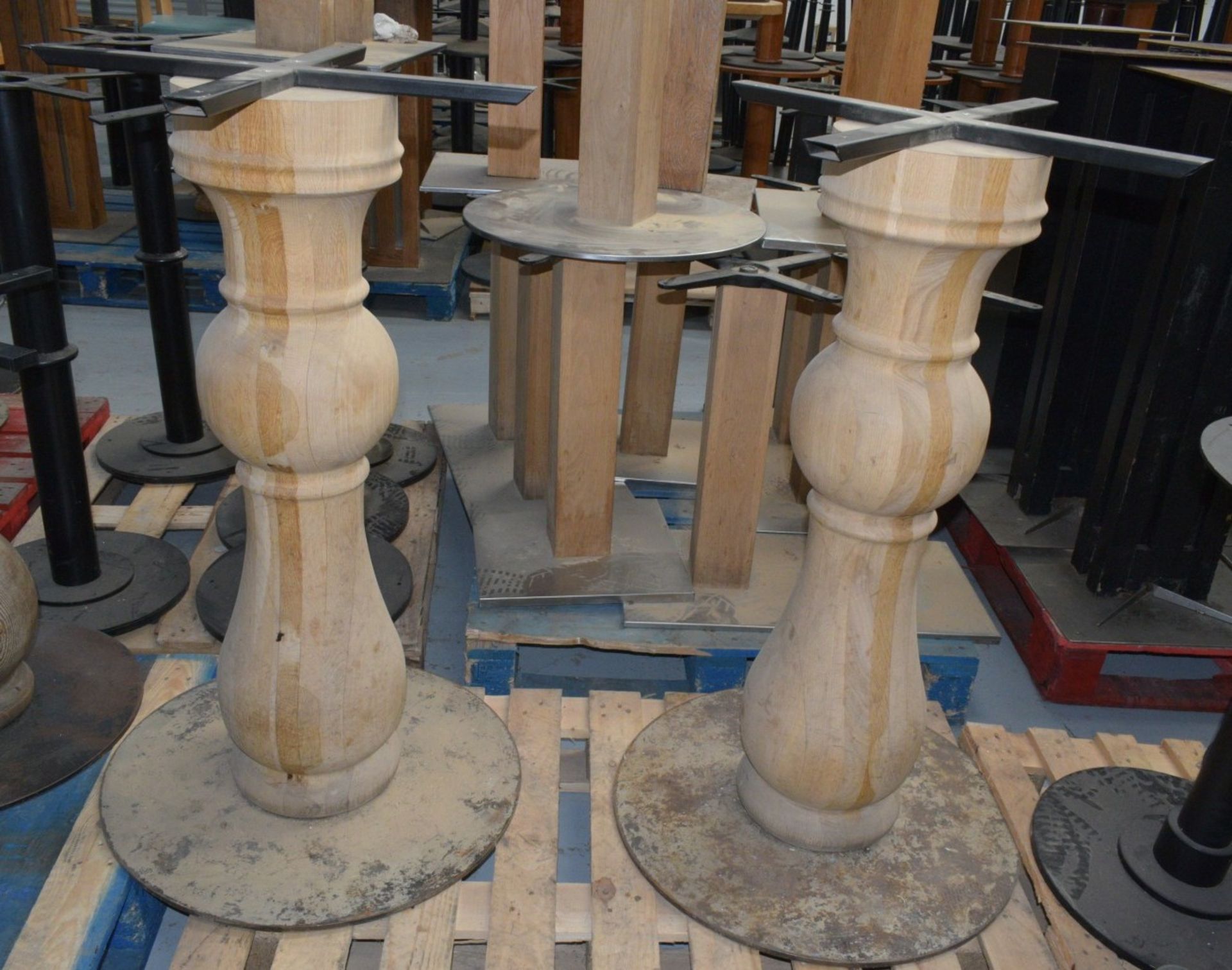 2 x Large Pedestals for Bar Tables Featuring Natural Wooden Columns - Dimensions: H106cm with a 60cm