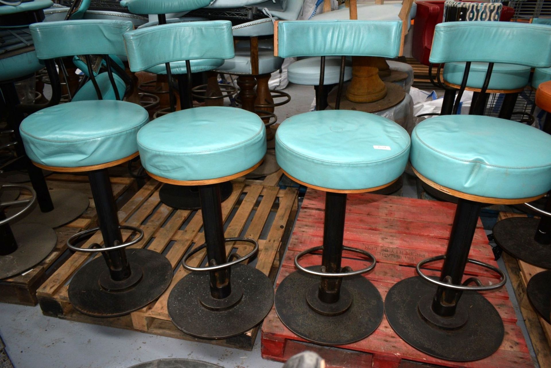 4 x Bar Stools Featuring Round Leather Seats, Backrests and Chrome Footrests - Dimensions: SH 78 x