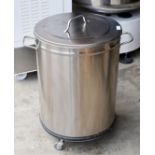 1 x Stainless Steel Cylinder Storage Bin with Castors and Lid - Dimensions: H69 x W46 cms