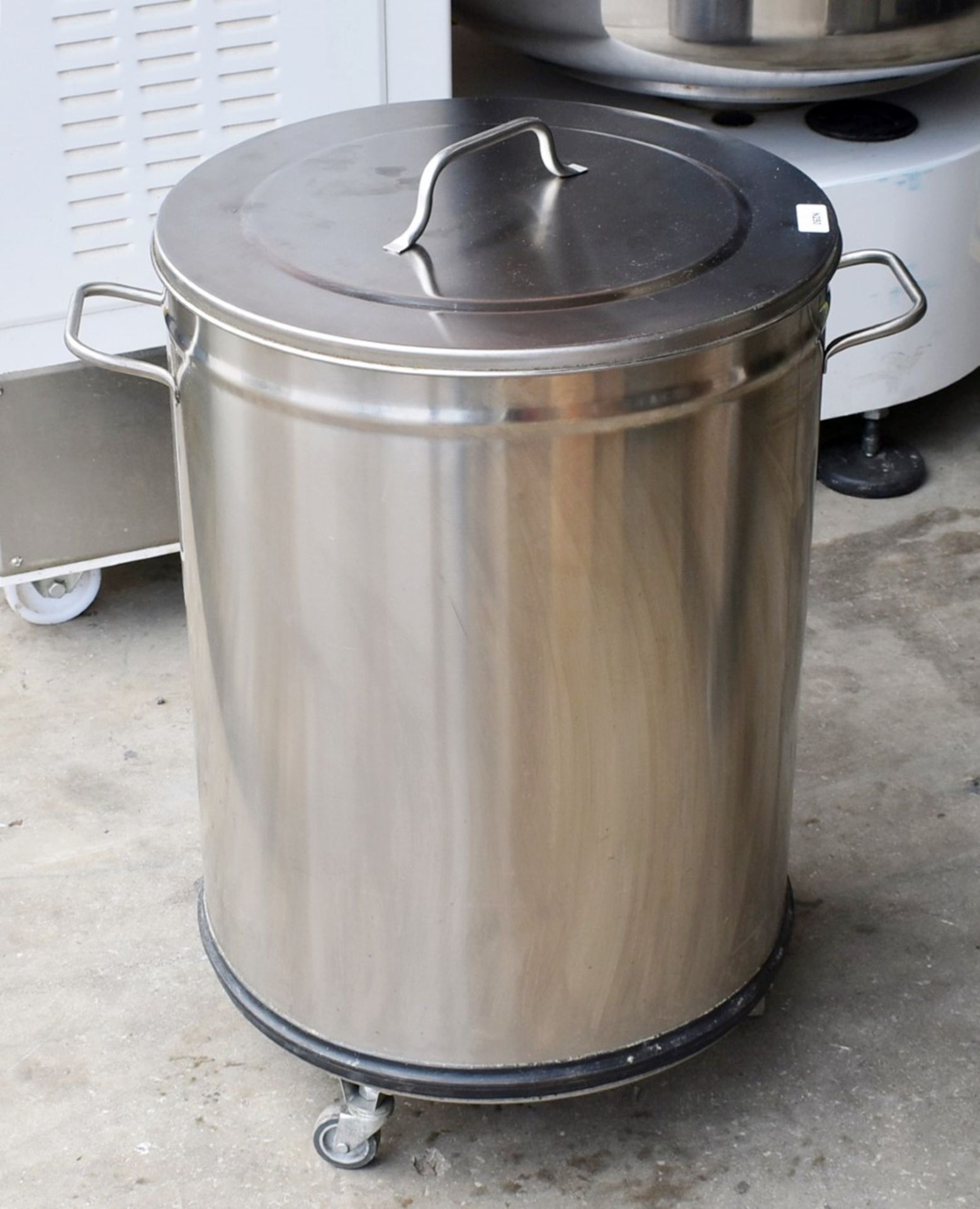 1 x Stainless Steel Cylinder Storage Bin with Castors and Lid - Dimensions: H69 x W46 cms