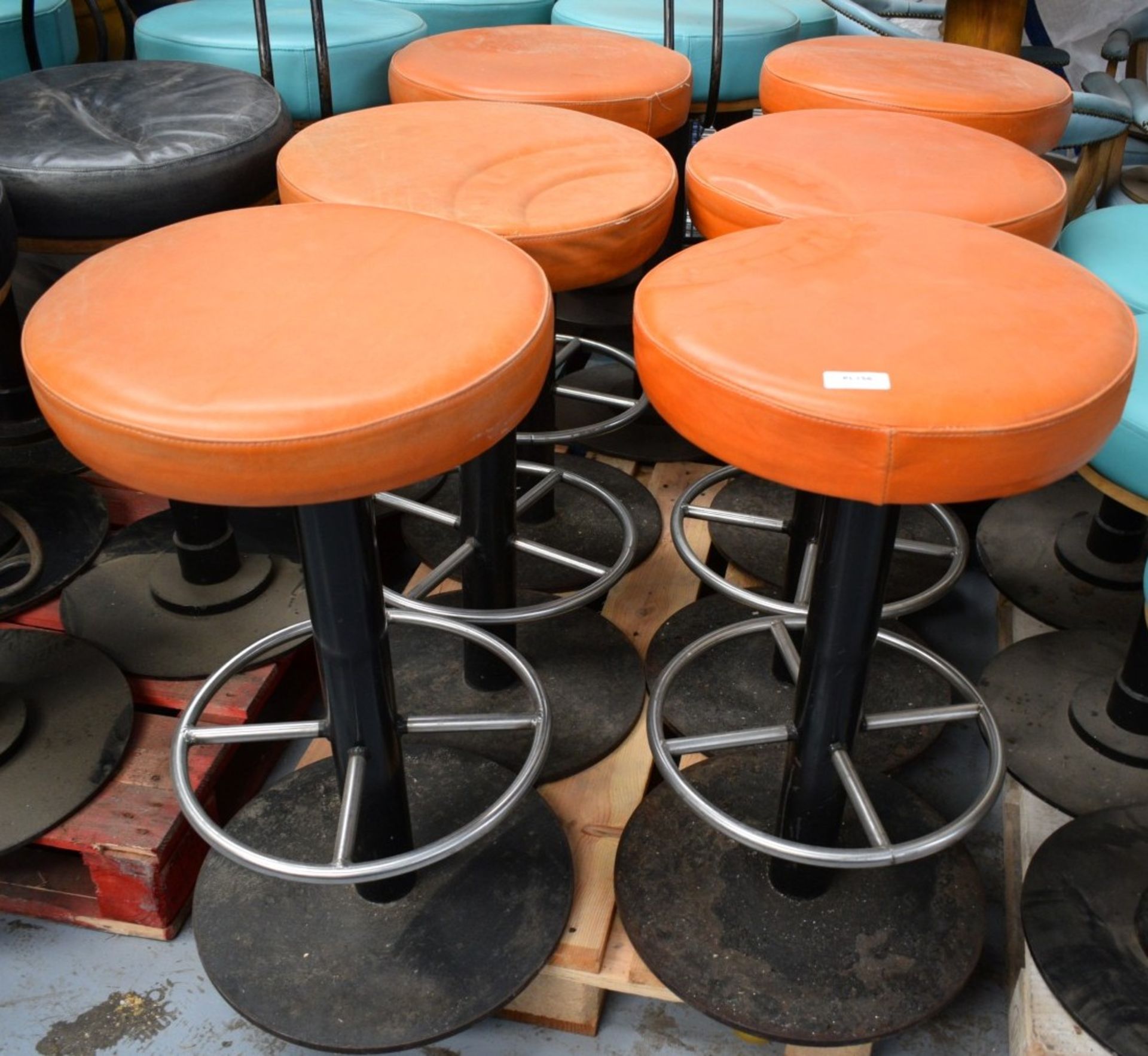6 x Bar Stools Featuring Round Tan Leather Seats and Chrome Footrests - Dimensions: H79 x W46