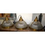 3 x Suspended Halophane Pendant Lights Featuring a Vintage Brass Finish with Frosted Ribbed Glass