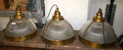 3 x Suspended Halophane Pendant Lights Featuring a Vintage Brass Finish with Frosted Ribbed Glass