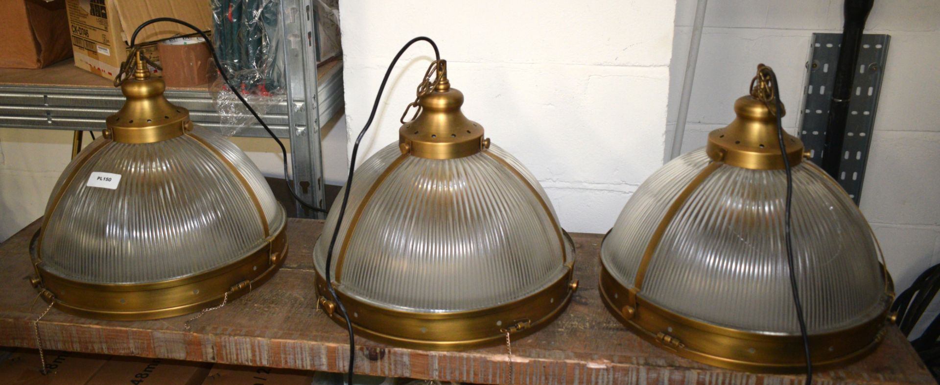 3 x Suspended Halophane Pendant Lights Featuring a Vintage Brass Finish with Frosted Ribbed Glass