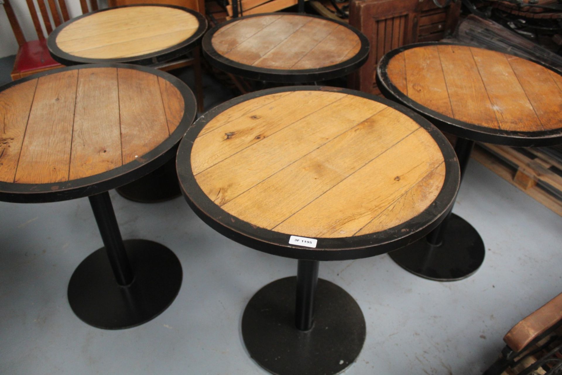 5 x Restaurant Bar Tables Featuring Panelled Oak Tops, Protective Steel Surrounds and Cast Iron - Image 3 of 9