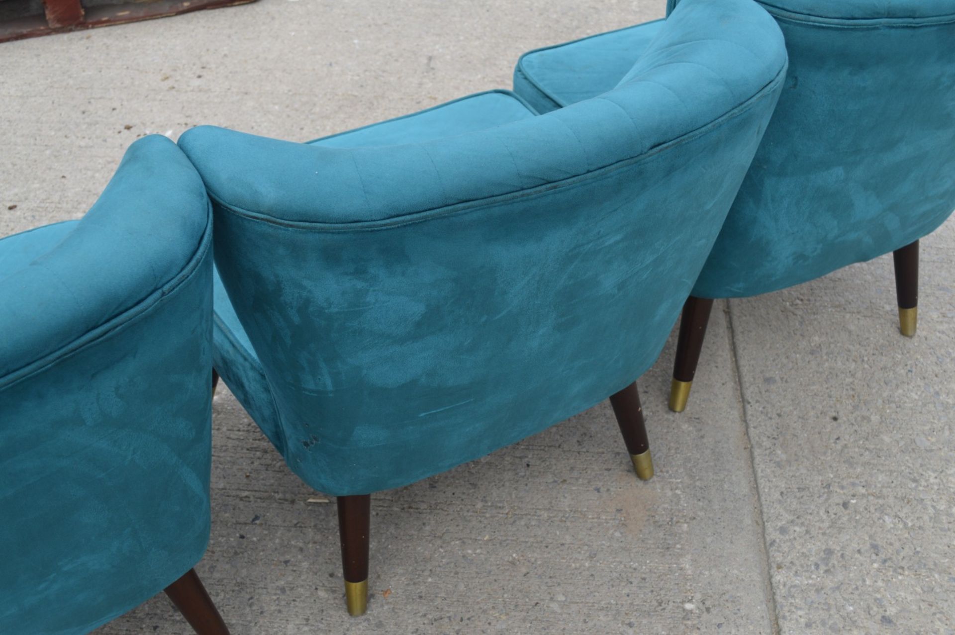 3 x Contemporary Velvet Cocktail Chairs in Teal with Tapered Wooden Legs and Brass Feet - Image 4 of 7