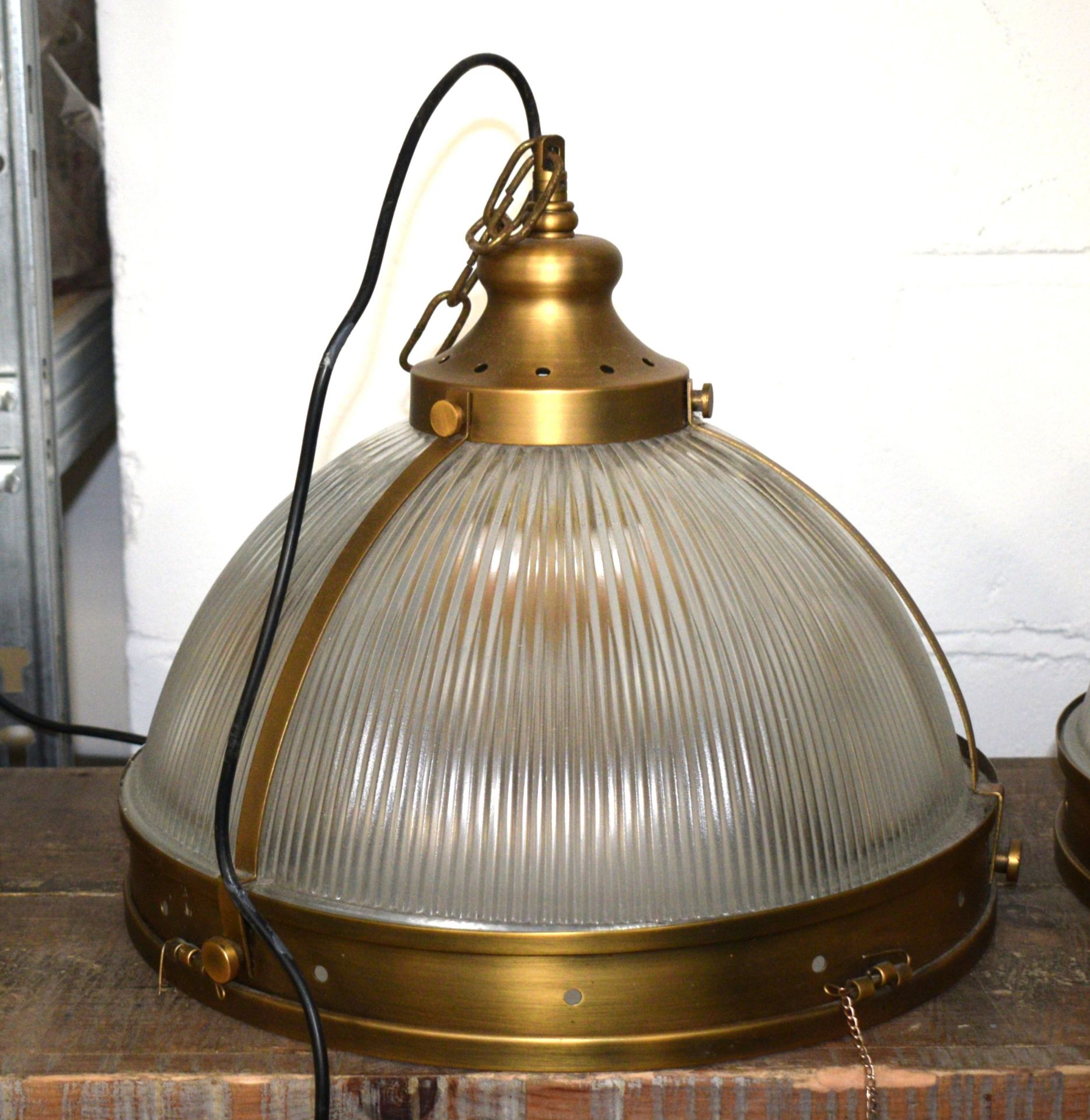 3 x Suspended Halophane Pendant Lights Featuring a Vintage Brass Finish with Frosted Ribbed Glass - Image 2 of 4