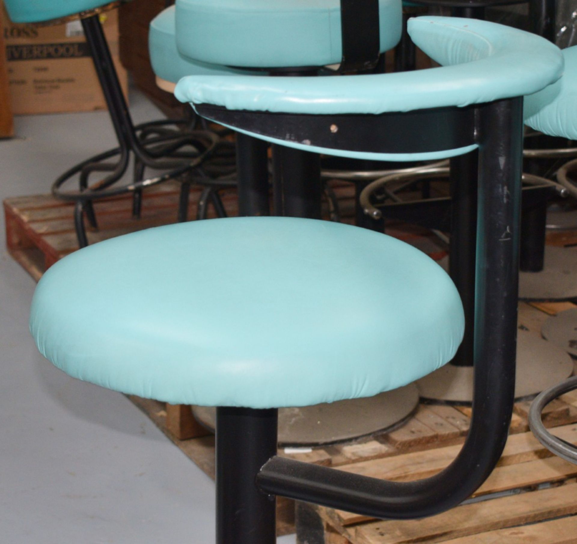 4 x Bar Stools Featuring Black Bases with Chrome Footrests and Faux Leather Turquoise Seats - Image 6 of 9