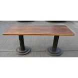 1 x Restaurant Dining Table - Rectangular Oak Top with Wooden Twin Column Pedestal Base