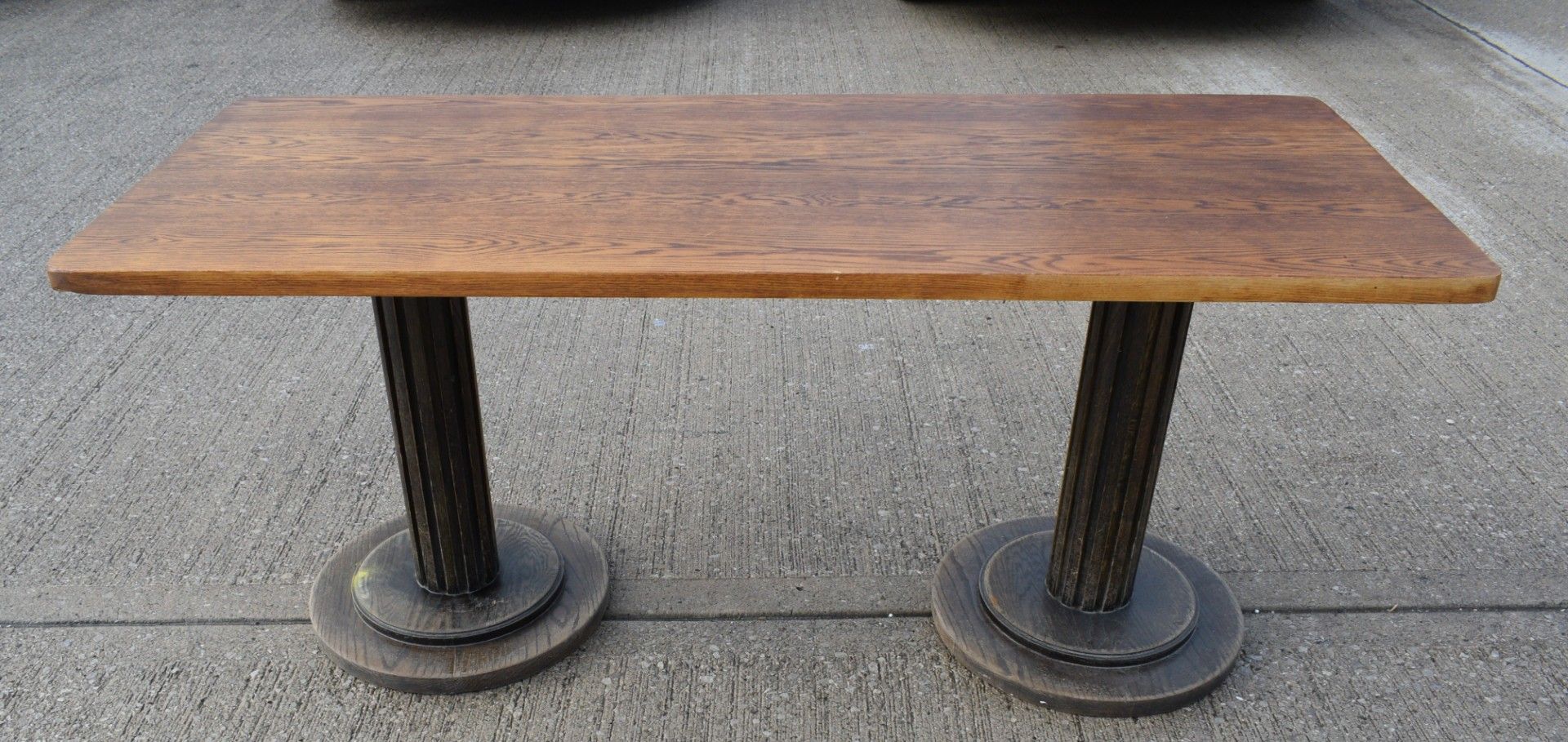 1 x Restaurant Dining Table - Rectangular Oak Top with Wooden Twin Column Pedestal Base
