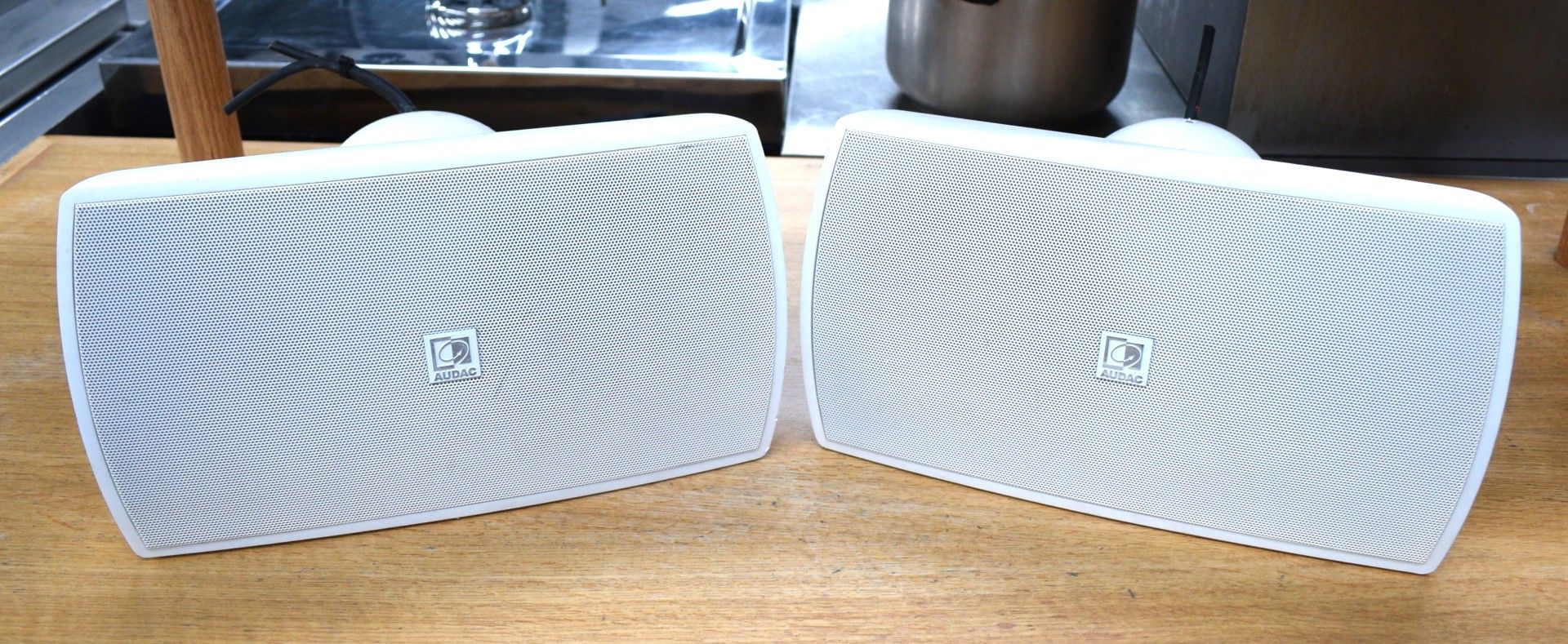2 x Audac Ateo 6 Professional Speakers with Wall Mounts - White Finish
