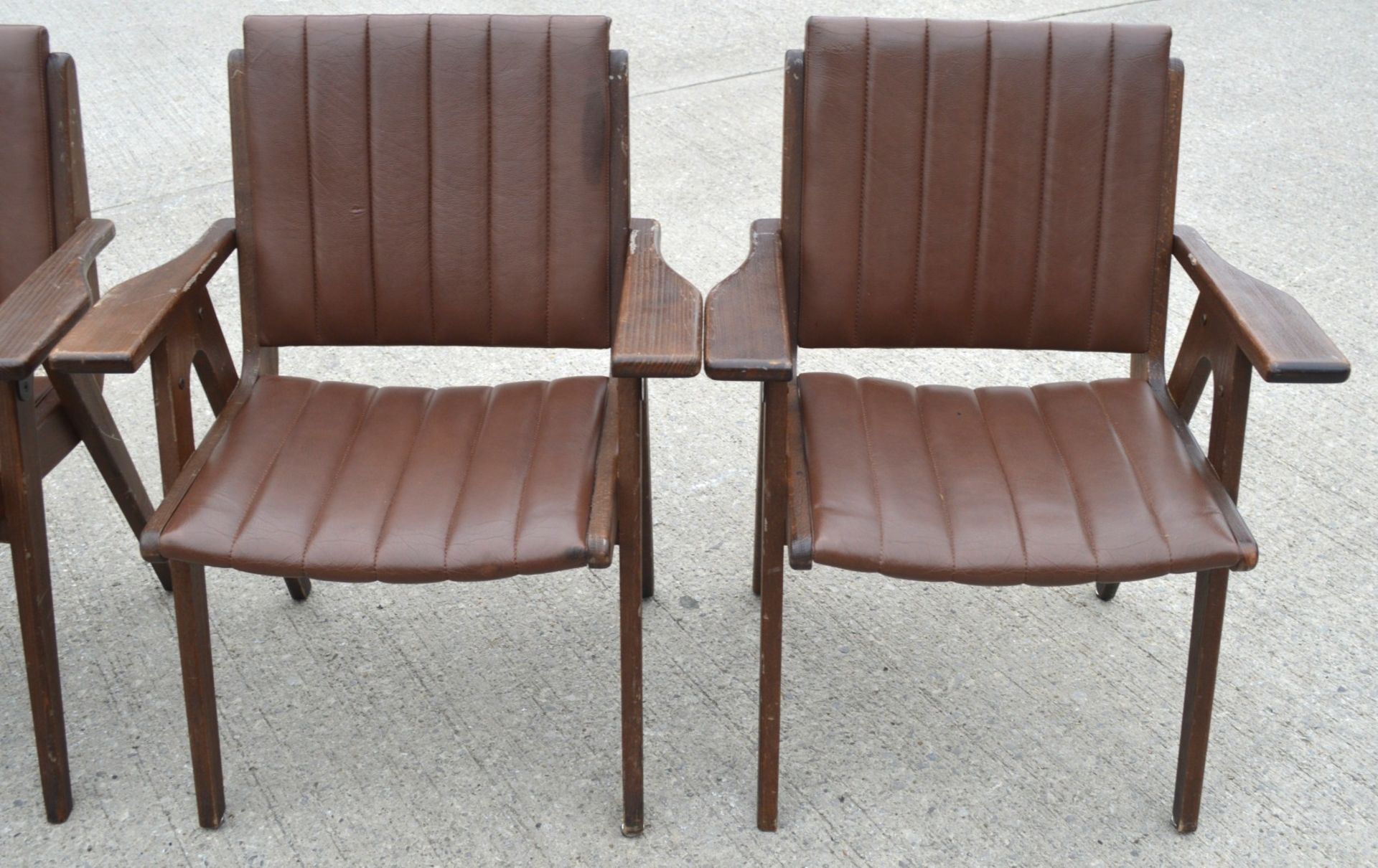 4 x Autoban Slice Armchairs Featuring an Oak Wooden Frame and Vintage Brown Leather Upholstery - Image 6 of 11