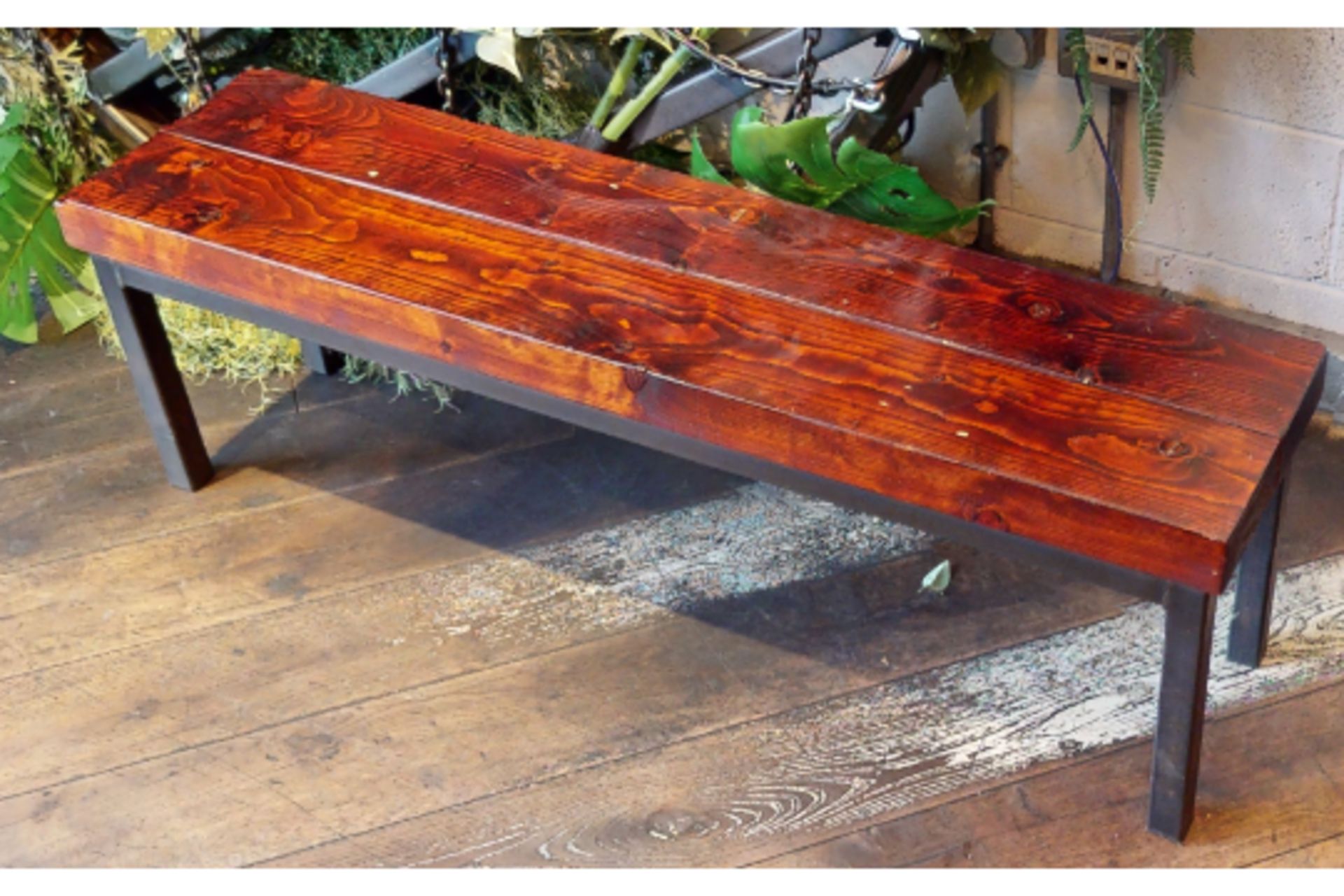 1 x Industrial Style Seating Bench Featuring a Welded Steel Frame and Chunky Plank Wooden Seats - Image 2 of 9