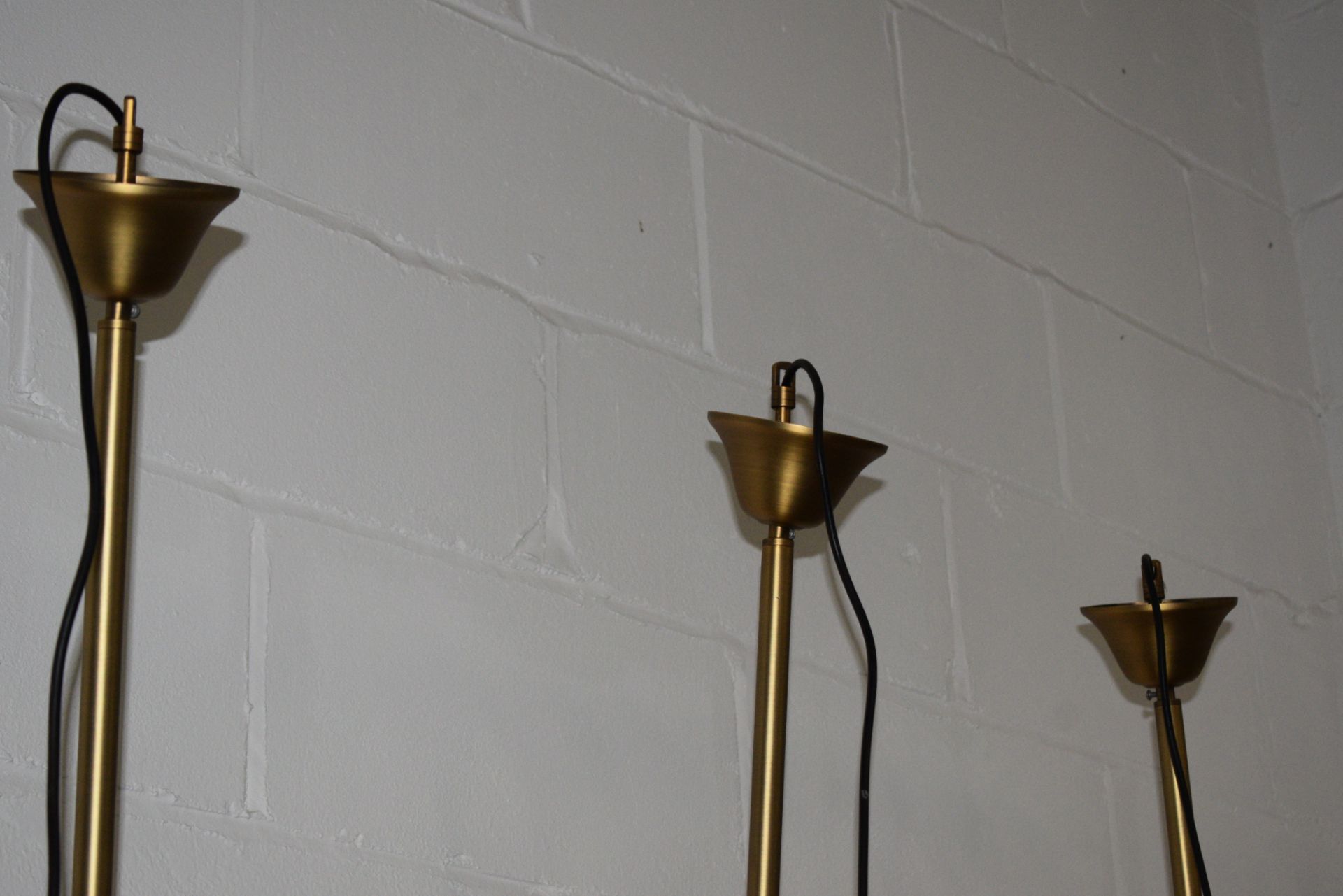 4 x Suspended Halophane Pendant Lights Featuring a Vintage Brass Finish with Frosted Ribbed Glass - Image 3 of 4