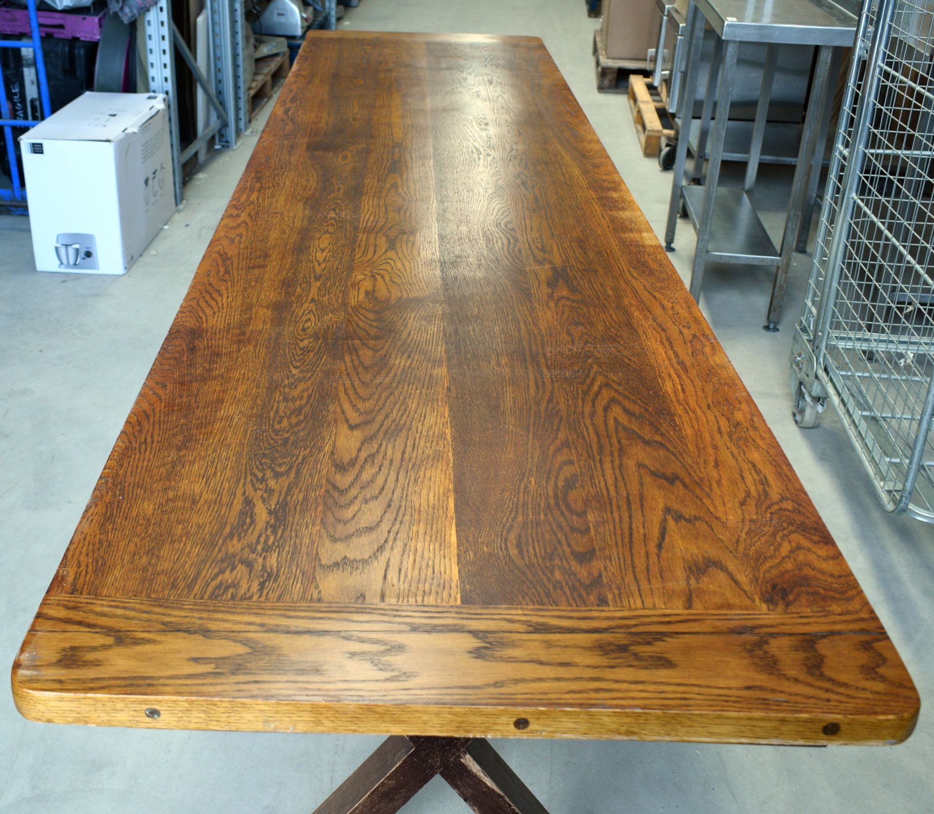 1 x Solid Oak 3m Refectory Dining Table with Cross Leg Base - Beautifully Grained Rectangular Table - Image 11 of 15