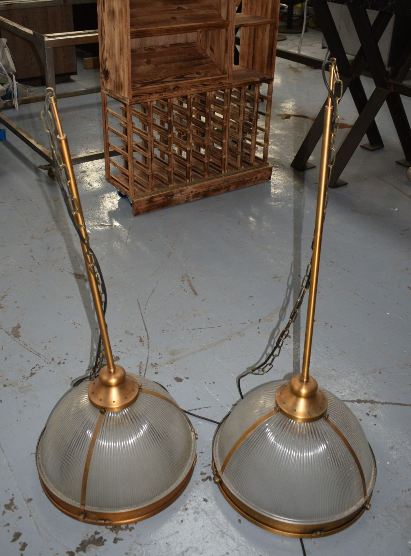 4 x Suspended Halophane Pendant Lights Featuring a Vintage Brass Finish with Frosted Ribbed Glass - Image 6 of 6