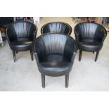 4 x Contemporary Barrel Chairs Upholstered in Black Leather with Studded Backs and Wooden Legs