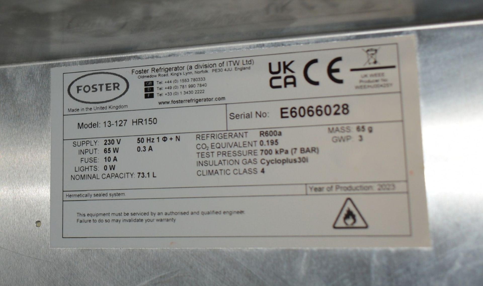 1 x Foster HR-150 Single Door Refrigerator Featuring a Stainless Steel Finish - Image 8 of 8