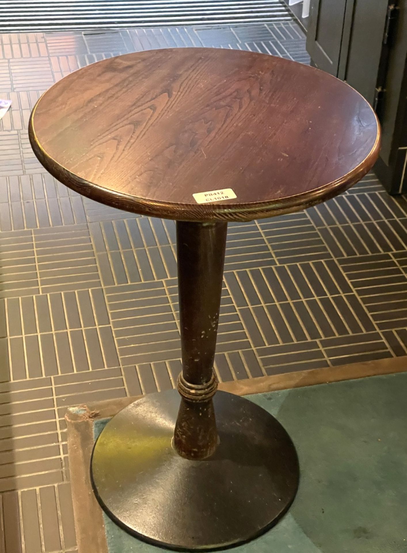 1 x Mahogany Bar Table Featuring a Wooden Column Pedestal with Cast Iron Base